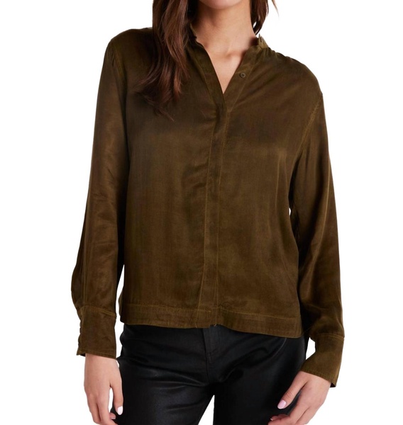 mandarin collar button down shirt in autumn olive