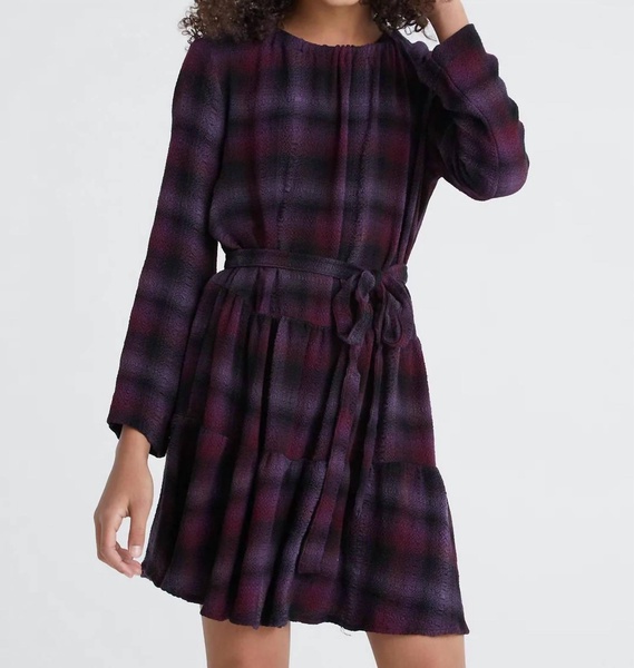 girl's plaid long sleeve tiered dress in boysenberry