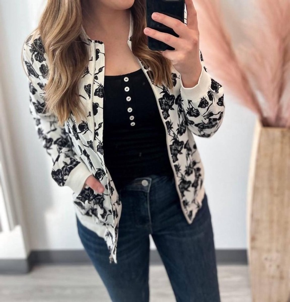 floral bomber jacket in white, black