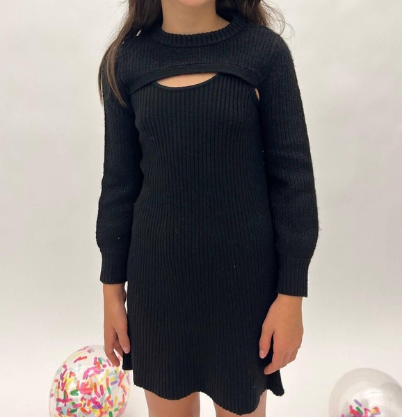 girl's long sleeve ribbed dress in black