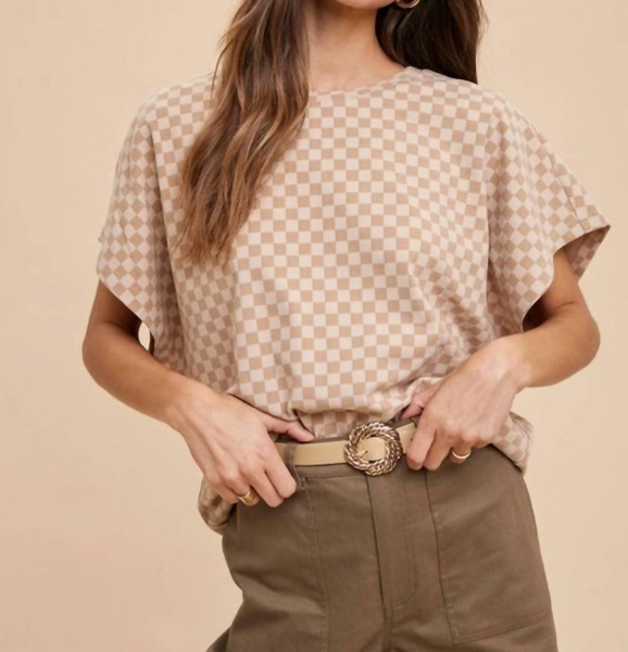 checker dolman short sleeve knit top in almond