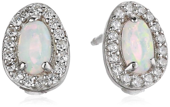 Amazon Essentials Rhodium Plated Sterling Silver Created Opal and Cubic Zirconia Halo Earrings, (previously Amazon Collection)