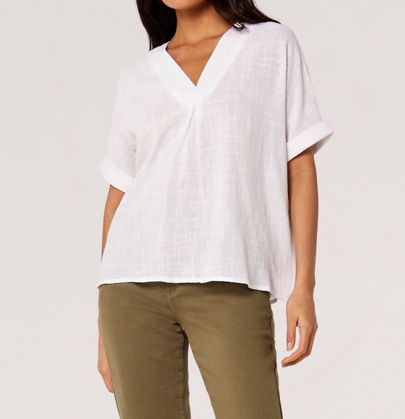 pleat detail v-neck top in white