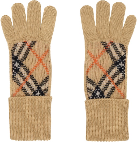 Beige Check Cashmere Blend Gloves