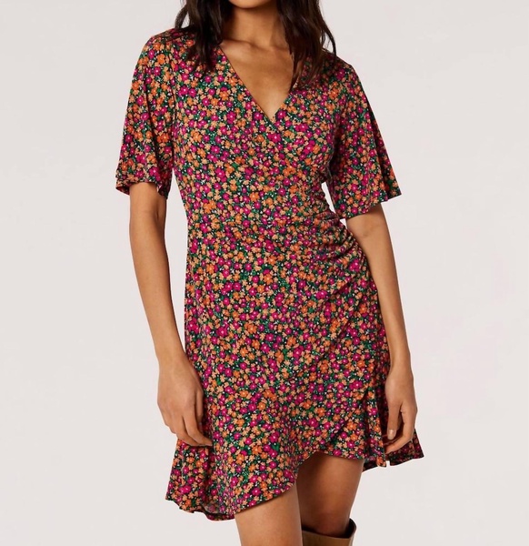 ditsy wrap dress in black