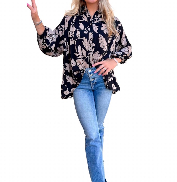 tara floral printed button down gauze blouse in black