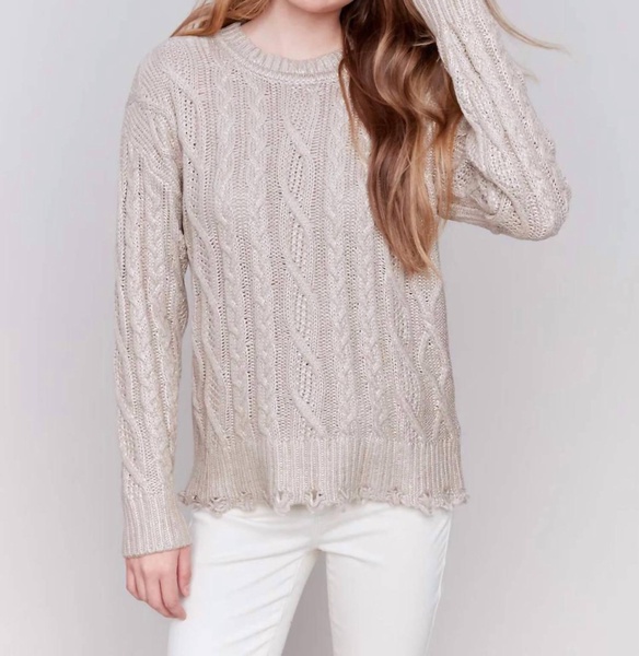 distressed hem cable knit sweater in champagne