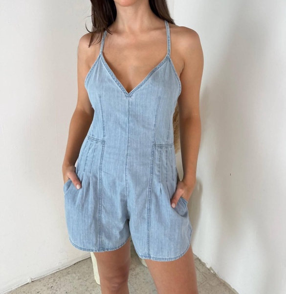 chambray denim romper in nude