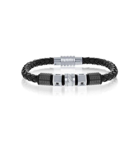 Stainless Steel Two-Tone w/ Black CZ Genuine Leather Bracelet
