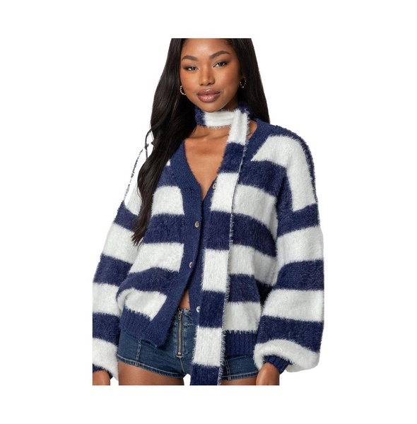 Womens Striped Two Piece Knit Scarf Cardigan