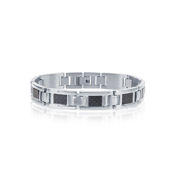 Mens Stainless Steel Black Carbon Fiber Link Bracelet