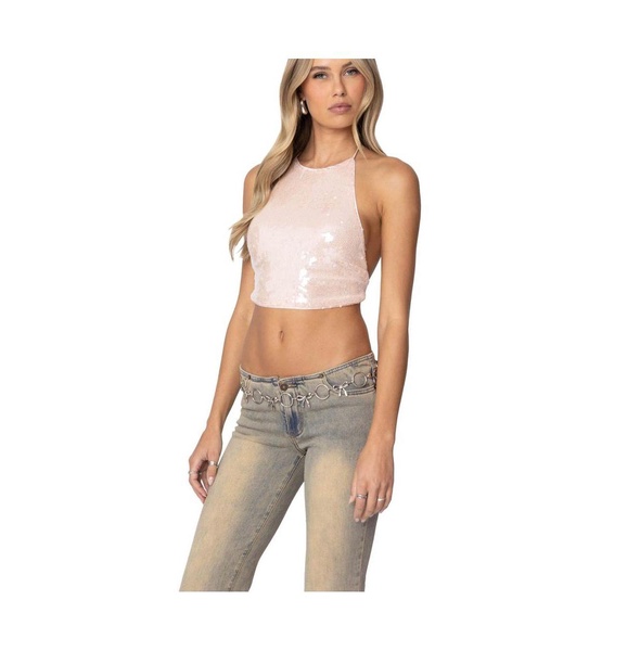 Womens Sequin Open Back Halter Top