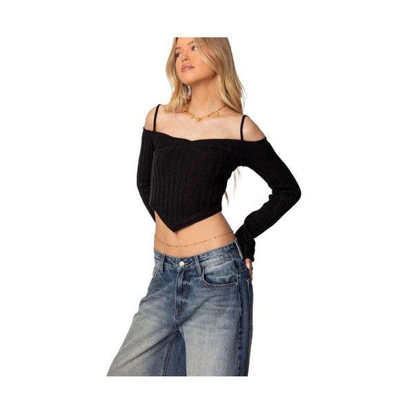 Womens Triangle Hem Off Shoulder Sweater