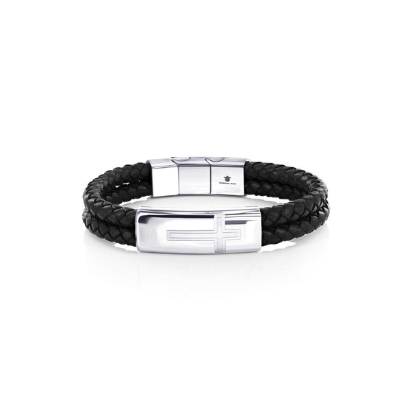 Stainless Steel, Double Leather Strand, Cross Design Bracelet
