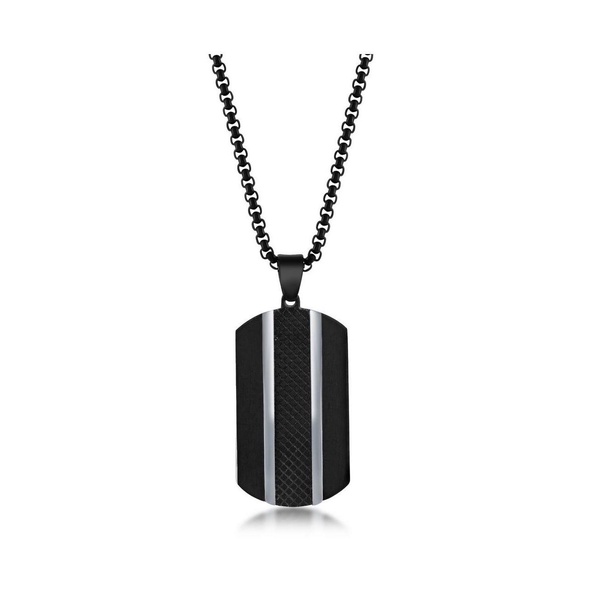Mens Stainless Steel Black Plated Silver Lined Dog Tag Necklace