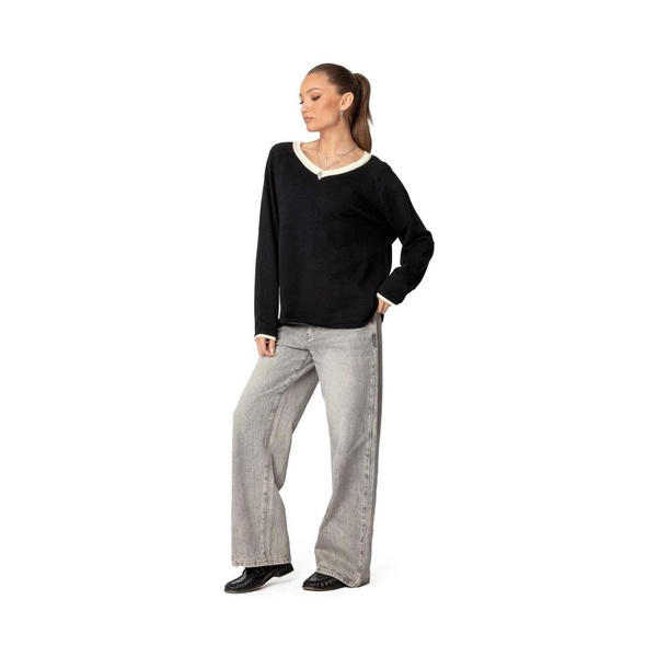 Women's Contrast V Neck Knit Sweater