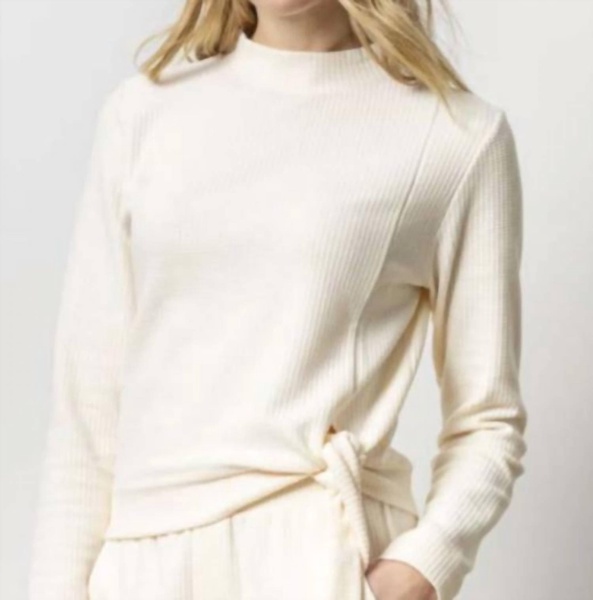 tie waist mock neck top in talc