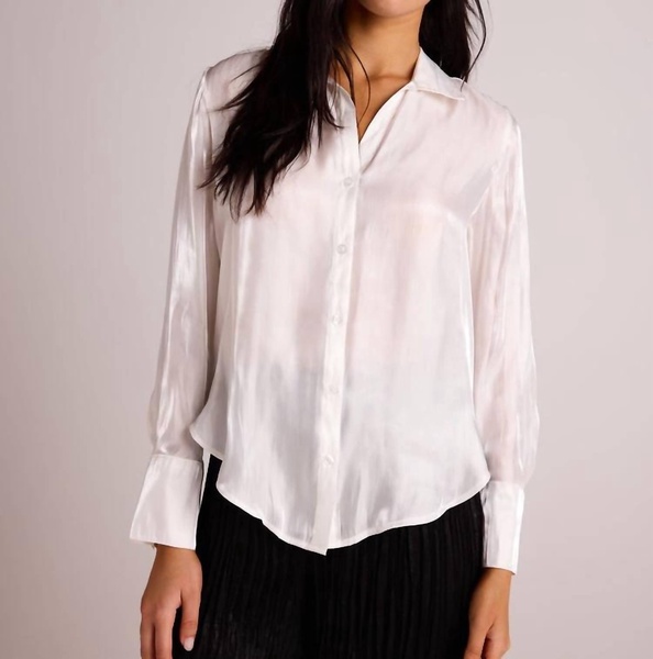 wide collar shirt tail button down top in white shimmer