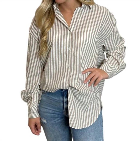 striped button up shirt in mushroom and white