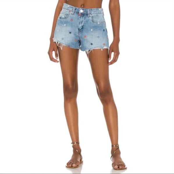 the barrow star embroidered denim shorts raw hem in born in the usa