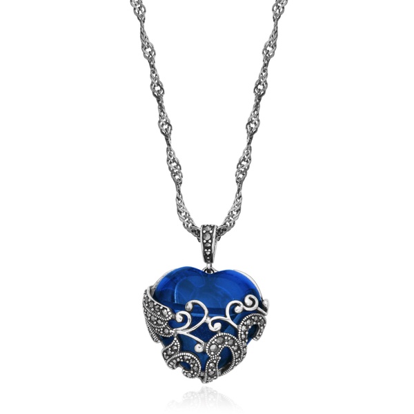 Amazon Essentials Marcasite and Colored Glass Heart Pendant Necklace with Chain in Oxidized Sterling Silver (previously Amazon Collection)