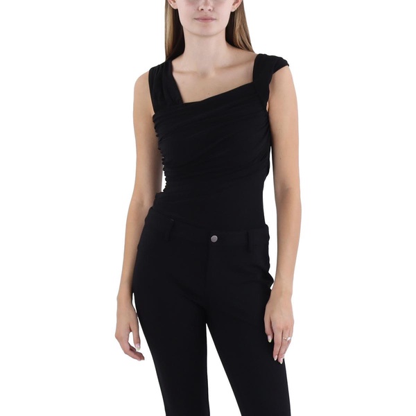 BCBGMAXAZRIA womens Asymmetrical Neck Sleeveless Ruched Bodysuit With Snap Button Closure