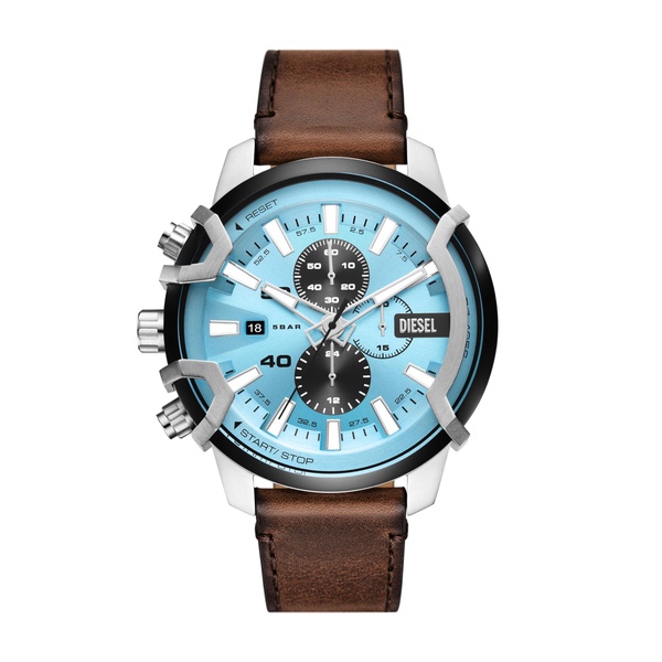 Diesel Griffed Stainless Steel and Leather Chronograph Men's Watch, Color: Silver, Brown (Model: DZ4656)