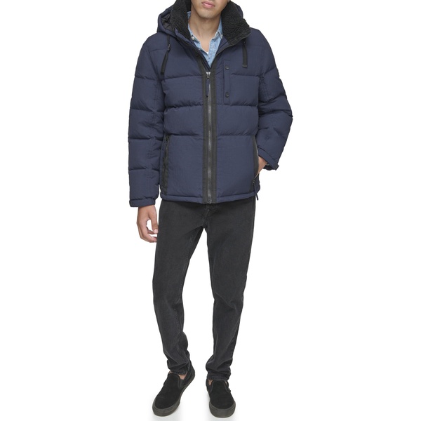 Andrew Marc Men's Water Resistant Hubble Crinkle Down Jacket with Removable Faux Fur Hood