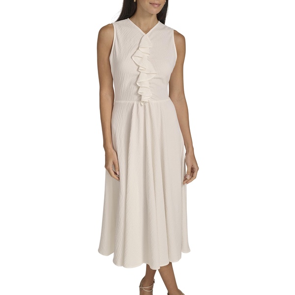 Calvin Klein Women's Guaze Sleeevess Ruffle Neck Midi Dress