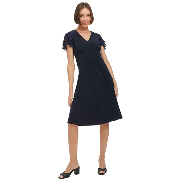 Tommy Hilfiger Women's Chiffon Flutter Sleeve V-Neck Knee Length Dress