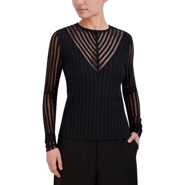 BCBGMAXAZRIA Women's Pullover Crew Neck Sheer Stripe Plunge V Sweater Top