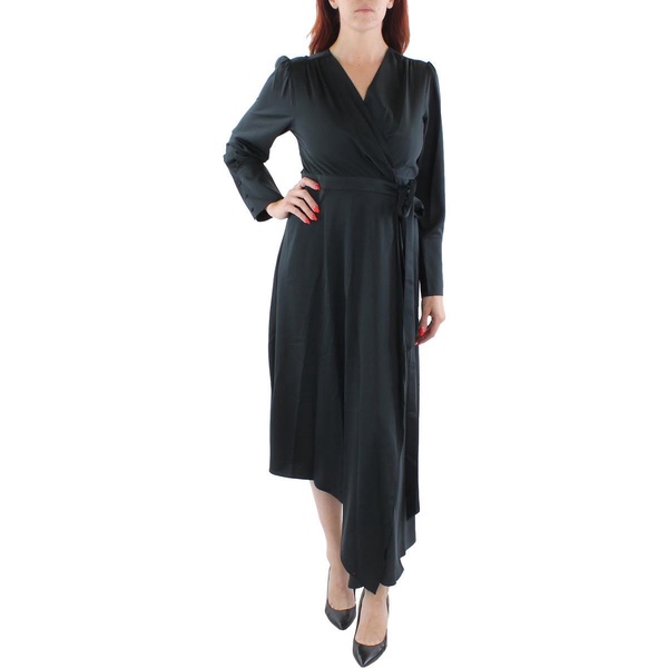BCBGMAXAZRIA Women's Fit and Flare Long Sleeve Asymmetrical Surplice Wrap Midi Dress with Tie Belt