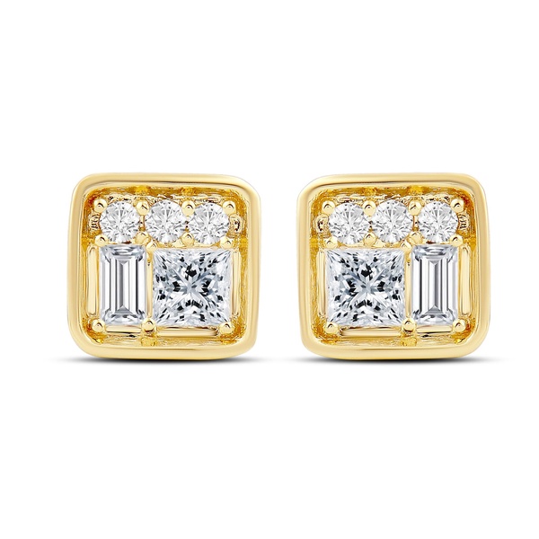 Amazon Essentials 10K Yellow Gold 1/4 Cttw Round, Princess and Baguette Diamonds Stud Earrings