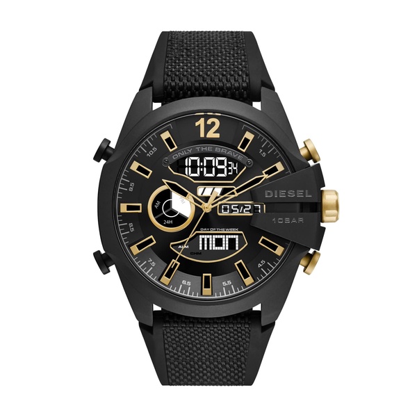 Diesel Mega Chief Stainless Steel and Nylon-Wrapped Silicone Analog-Digital Men's Watch, Color: Black (Model: DZ4552)