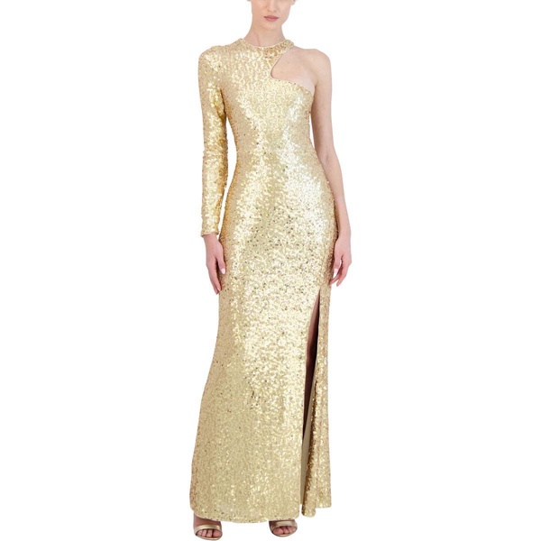 BCBGMAXAZRIA Women's Fit and Flare Floor Length Sequin Evening Gown One Long Sleeve Crew Neck Cut Out Side Slit