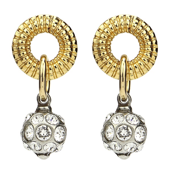 24k Gold Plated, Swarovski Crystal Made in New York Two Tone Art Deco Vintage Jewelry Women Fashion Statement Piercing Earrings Dangle Fashion Hoops Designer