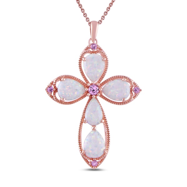 Amazon Essentials Womens 14K Rose Gold over Sterling Silver Created Opal with Created Pink Sapphire Cross Pendant Necklace, 18", (previously Amazon Collection)