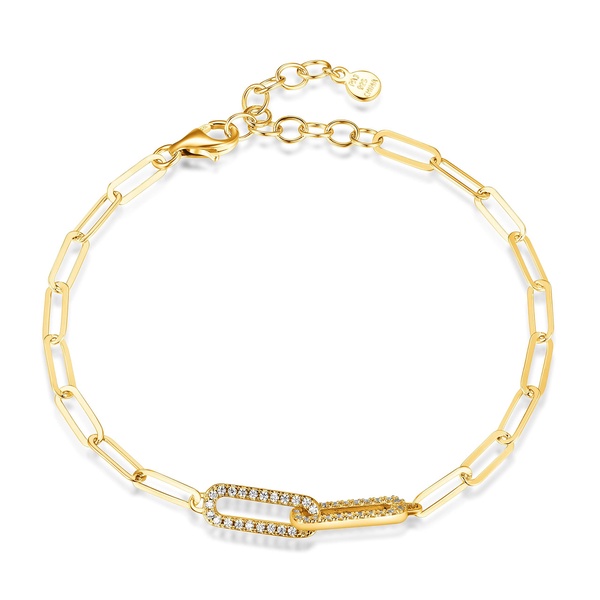Amazon Essentials 18 Karat Yellow Gold Over Sterling Silver Oblong Link Paperclip Bracelet with Cubic Zirconia Accent, 6 3/4 Inch with 1 1/14 Inch Extender, (previously Amazon Collection)