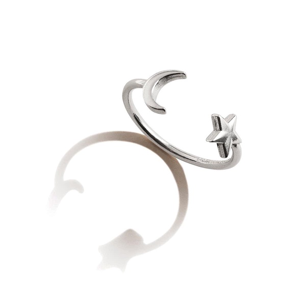 Alex and Ani Path of Symbols Adjustable Ring for Women, Moon and Star, Sterling Silver, Fits Ring Sizes 6 to 9