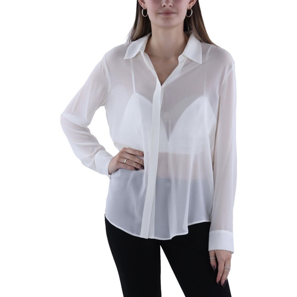 BCBGMAXAZRIA Women's Long Sleeve Collar Neck Sheer Button Down Top with Bralette