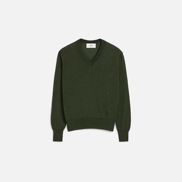 Green Wool Tonal V Neck Sweater