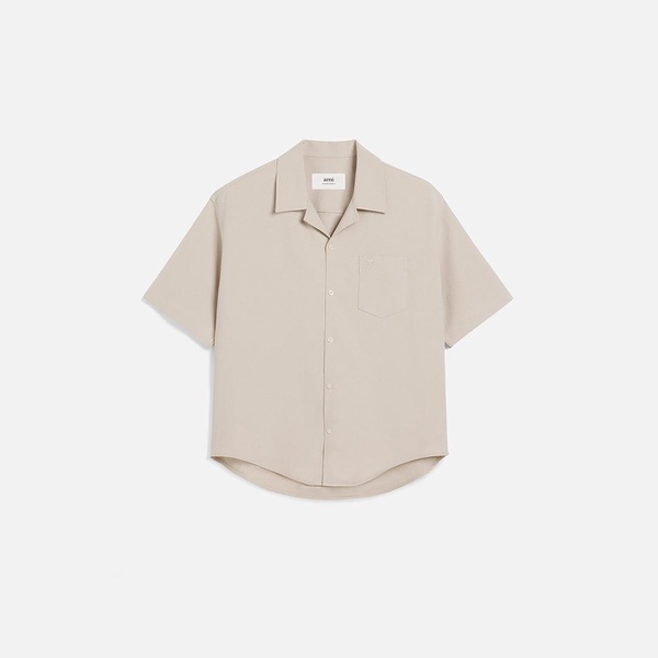Beige Cotton Camp Collar Short Sleeves Shirt