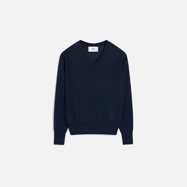 Navy Wool V Neck Sweater