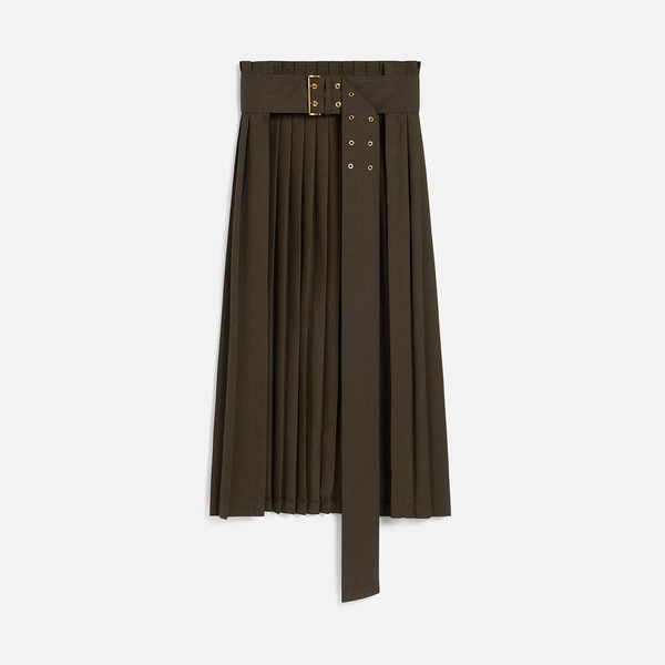Green Wool Twill Belted Pleated Skirt