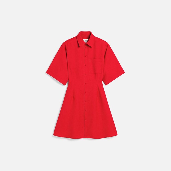 Red Wool Short Sleeve Shirt Dress