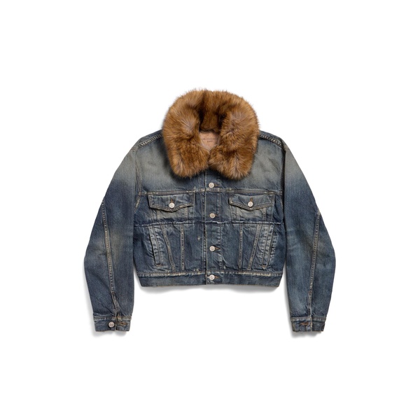 Women's Faux-fur Collar Denim Jacket in Dark Blue