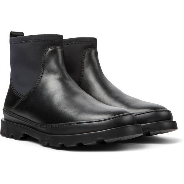 Black leather and textile ankle boots for women