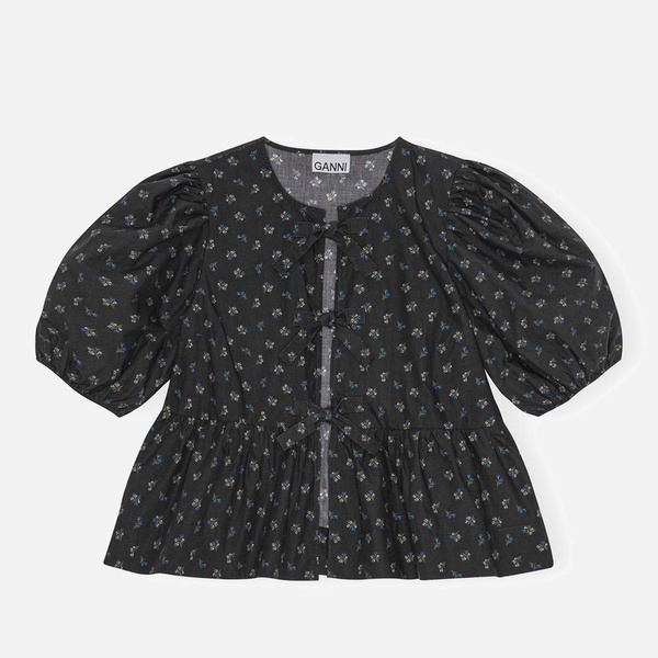Ganni Ditsy-Print Organic Cotton Peplum Blouse - UK 6