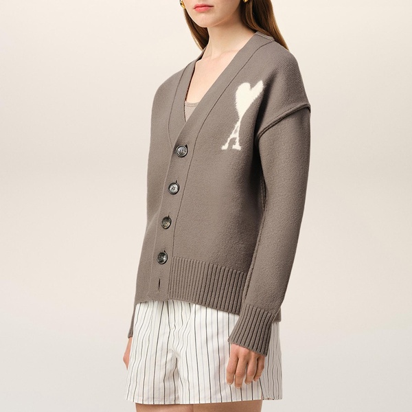AMI Boxy ADC Logo-Intarsia Wool Cardigan - XS