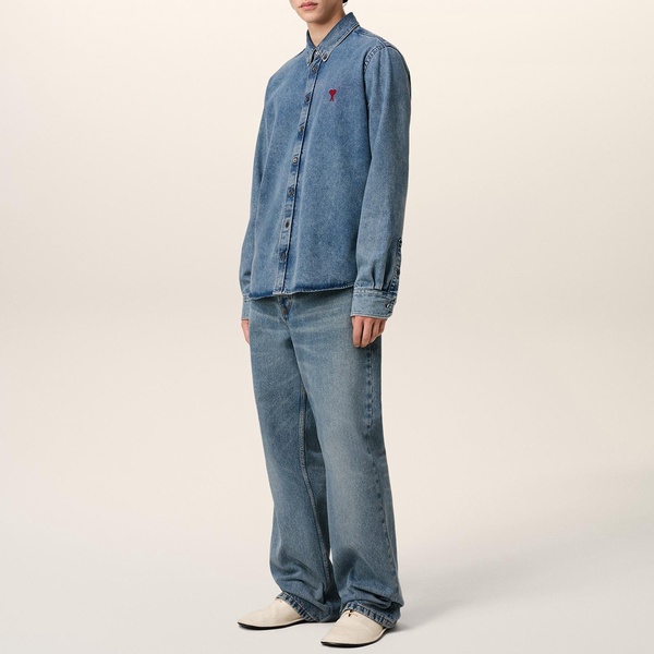 AMI Denim De Coeur Logo-Embroidered Shirt - M